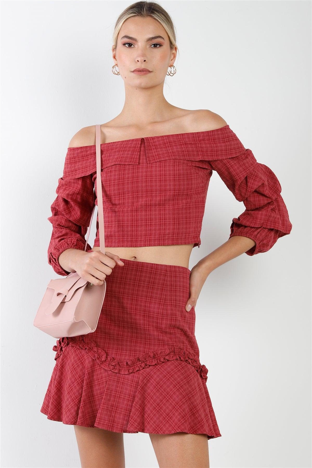 Raspberry Plaid Off-The Shoulder Retro Chic Crop Top & Mini Ruffle Skirt Set /2-2-2