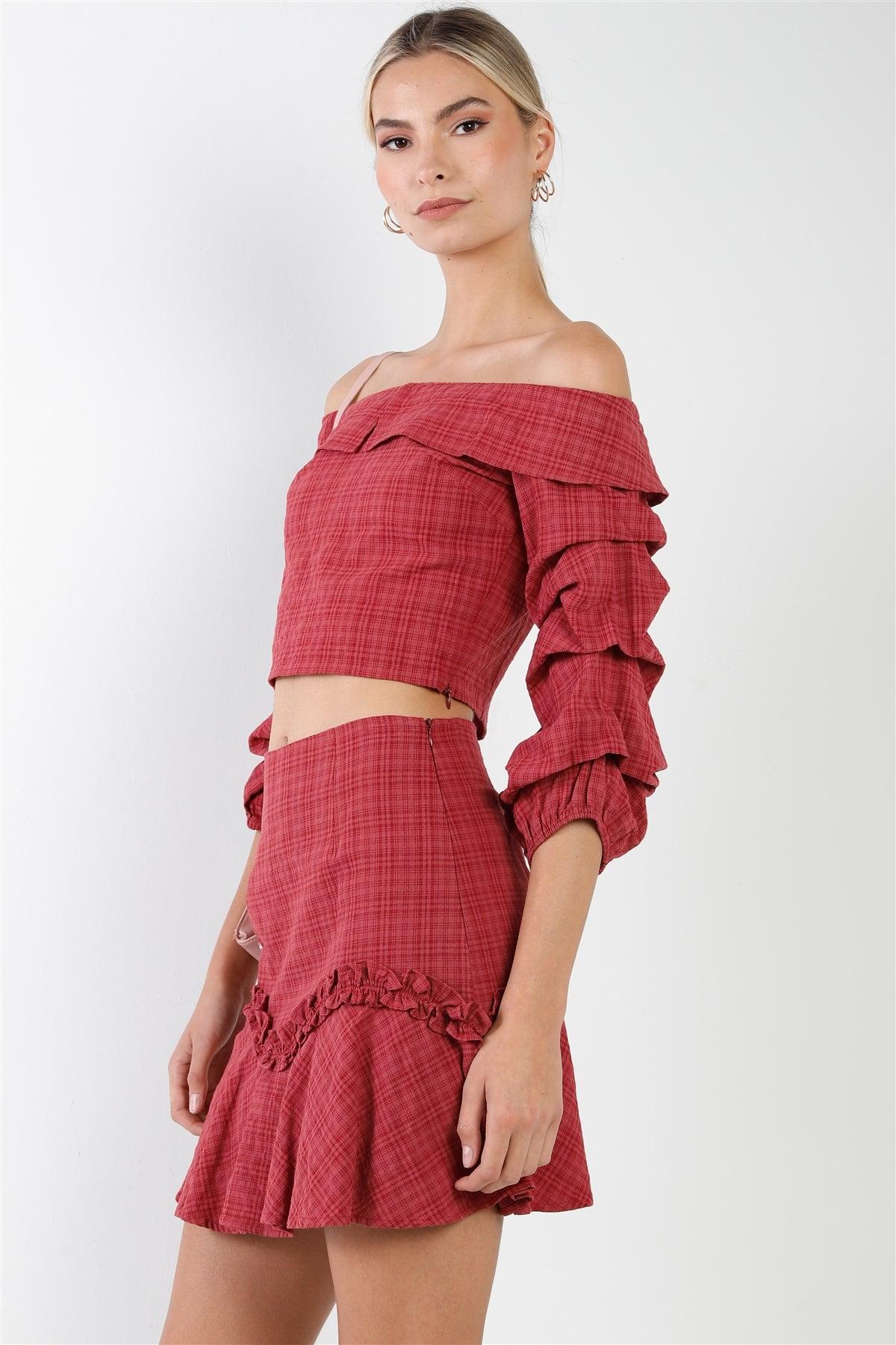 Raspberry Plaid Off-The Shoulder Retro Chic Crop Top & Mini Ruffle Skirt Set /2-2-2