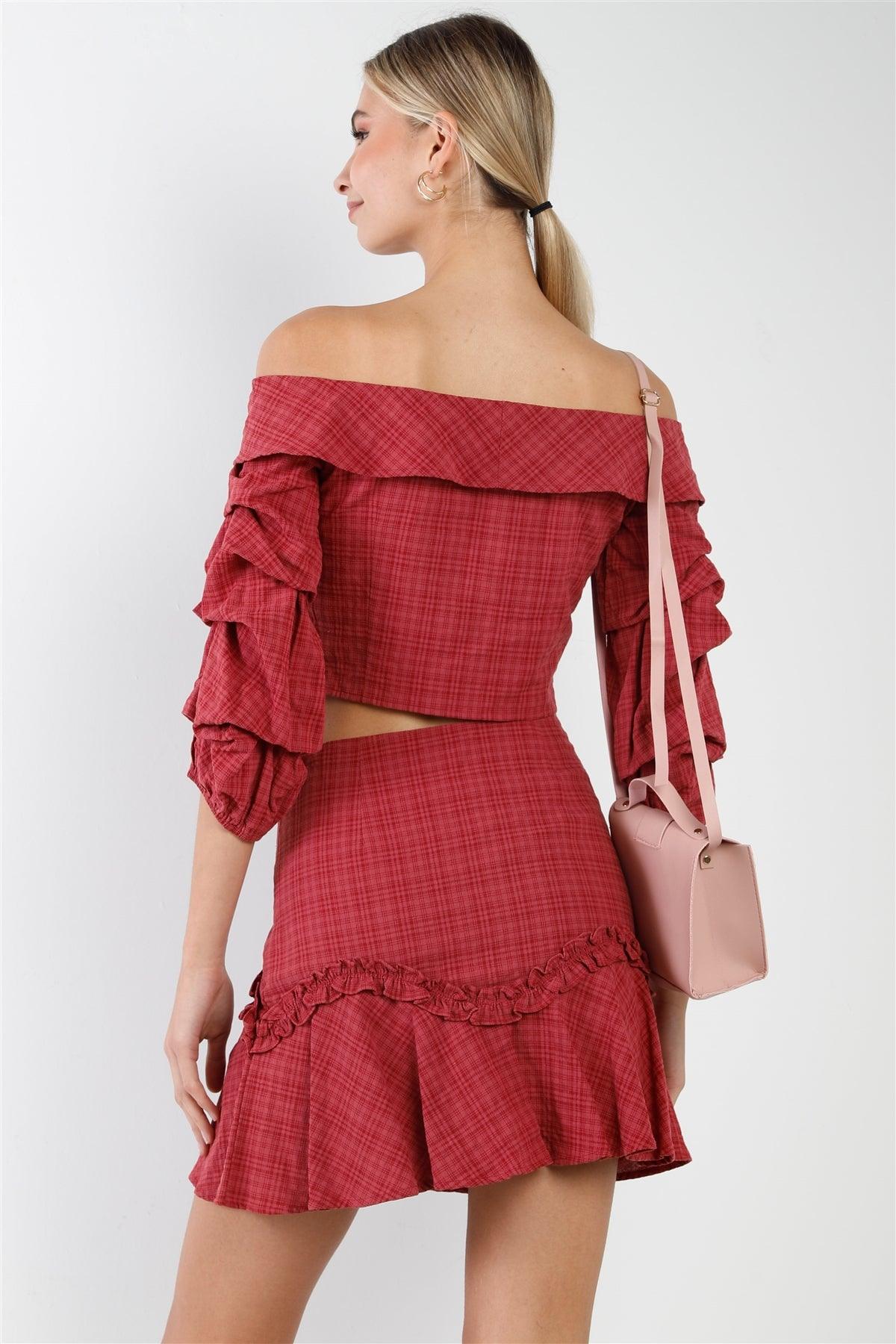 Raspberry Plaid Off-The Shoulder Retro Chic Crop Top & Mini Ruffle Skirt Set /2-2-2