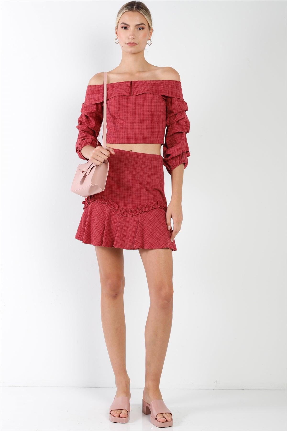 Raspberry Plaid Off-The Shoulder Retro Chic Crop Top & Mini Ruffle Skirt Set /2-2-2