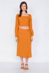 Rust Side Button Square Neck Crop Top & Midi Chic Skirt /2-2-2