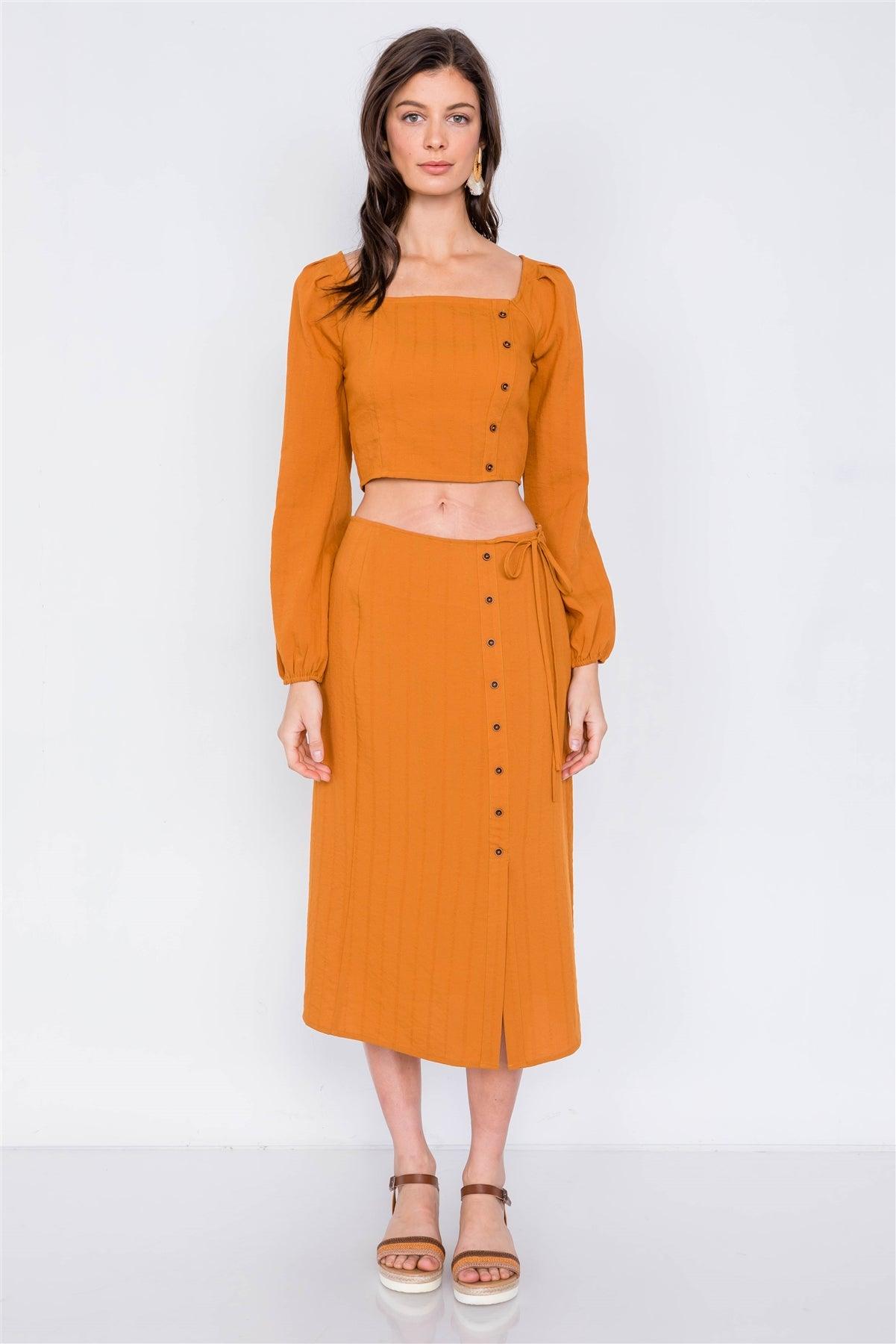 Rust Side Button Square Neck Crop Top & Midi Chic Skirt /2-2-2