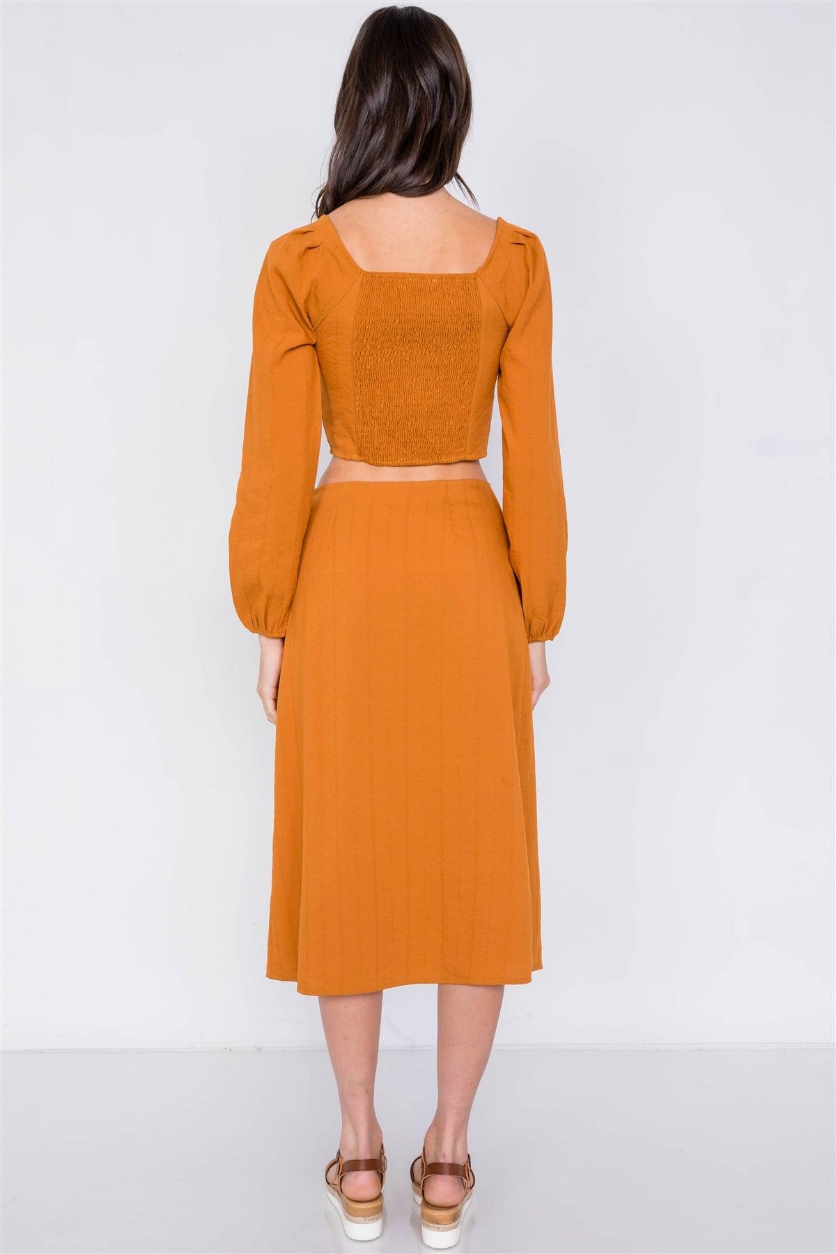 Rust Side Button Square Neck Crop Top & Midi Chic Skirt /2-2-2