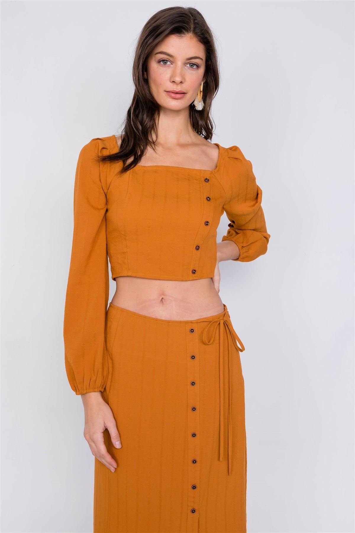 Rust Side Button Square Neck Crop Top & Midi Chic Skirt /2-2-2