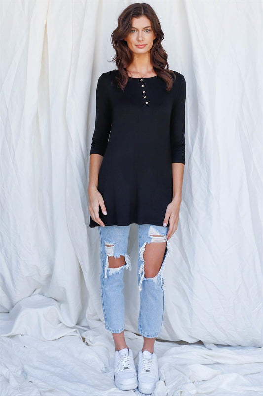 Black Button Up Detail Midi Sleeve Relaxed Fit Tunic Top /1-2-2-1