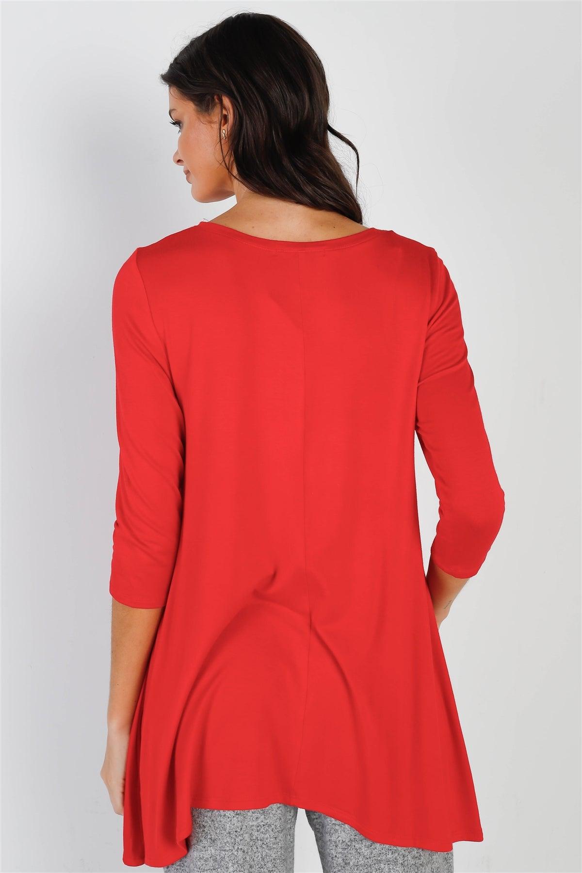 Scarlet Button Up Detail Midi Sleeve Relaxed Fit Tunic Top /1-2-2-1