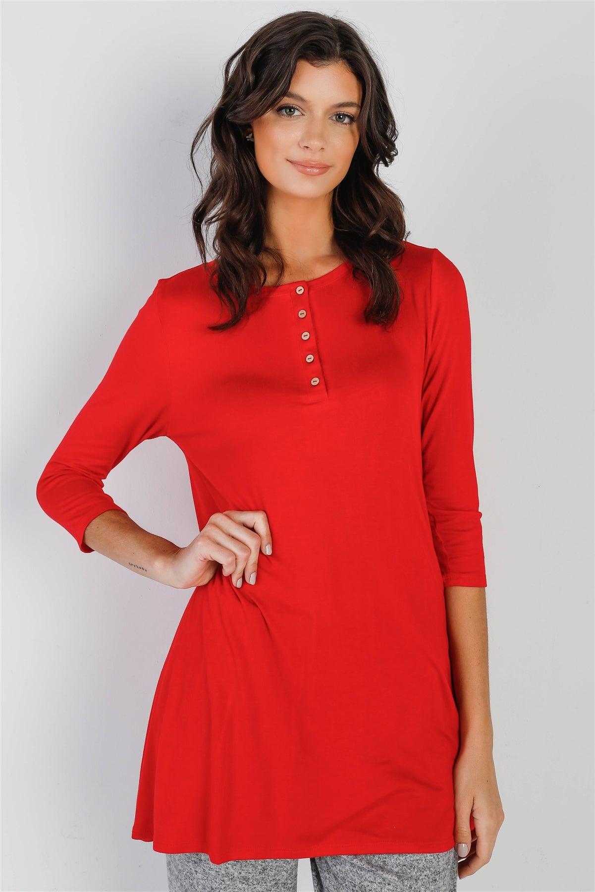 Scarlet Button Up Detail Midi Sleeve Relaxed Fit Tunic Top /1-2-2-1