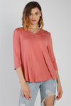 Rose Contrast Button Detail V-Neck Midi Sleeve Top /1-2-2-1 - Tasha Apparel Wholesale