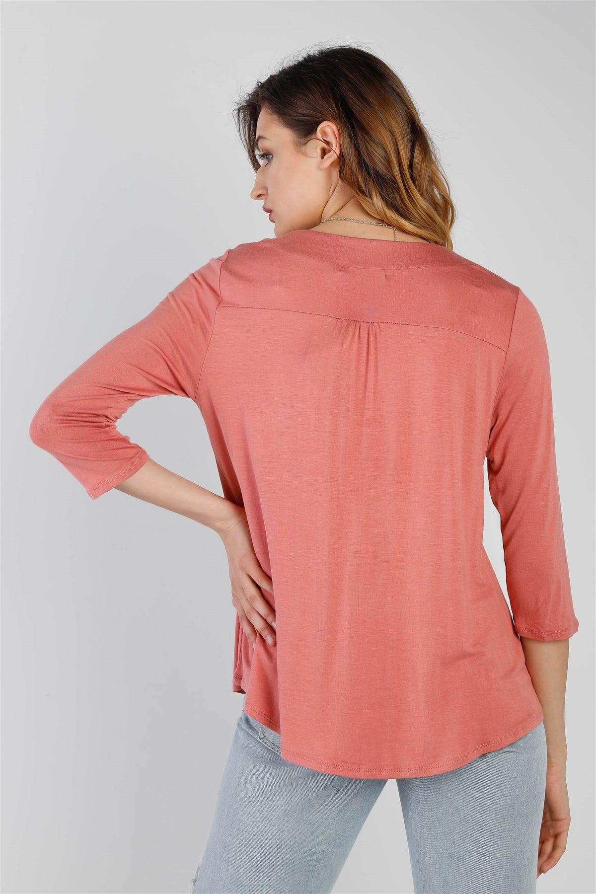 Rose Contrast Button Detail V-Neck Midi Sleeve Top /1-2-2-1 - Tasha Apparel Wholesale