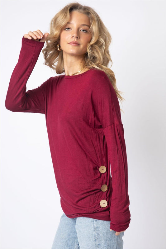 Burgundy Side Bottom Button Detail Long Sleeve Top /1-2-2-1