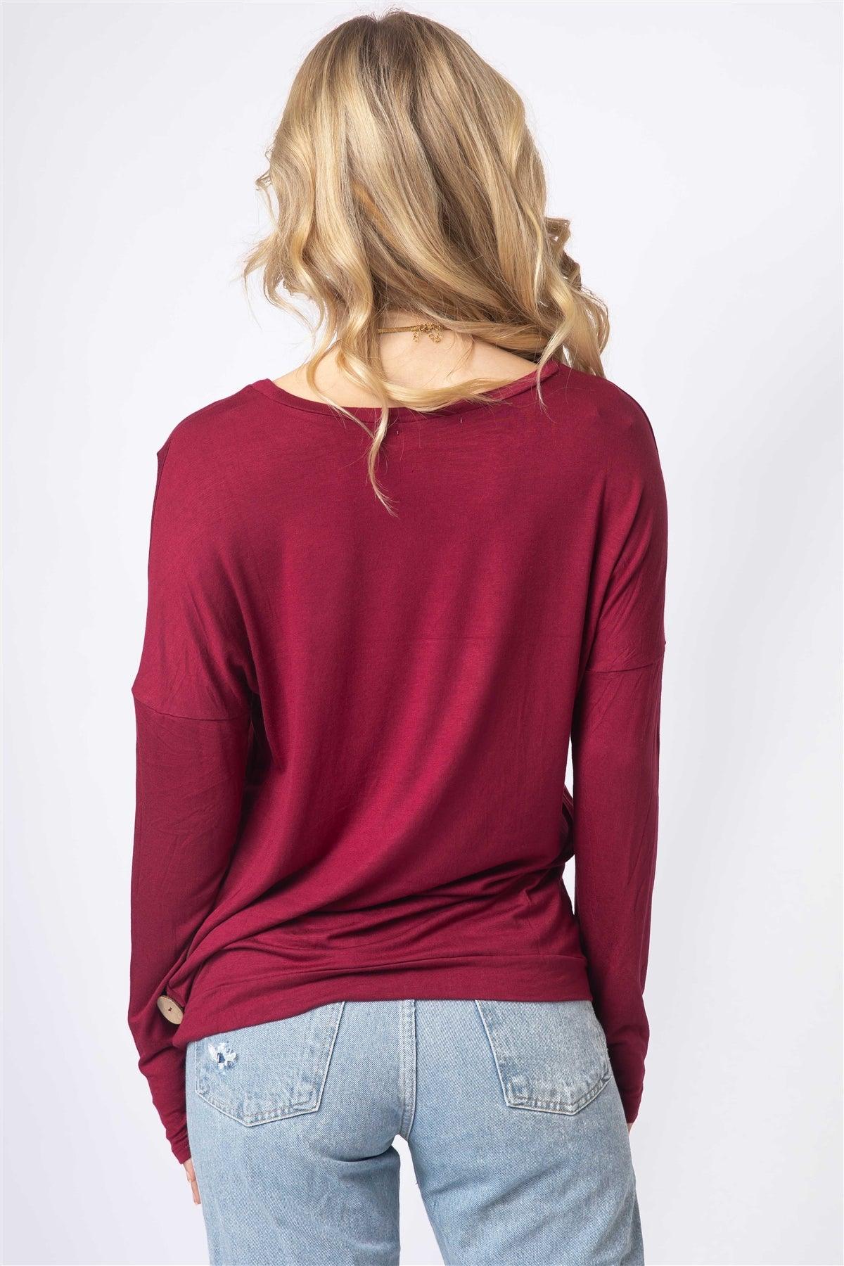 Burgundy Side Bottom Button Detail Long Sleeve Top /1-2-2-1