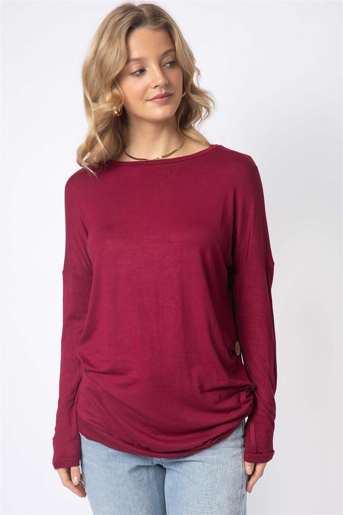 Burgundy Side Bottom Button Detail Long Sleeve Top /1-2-2-1