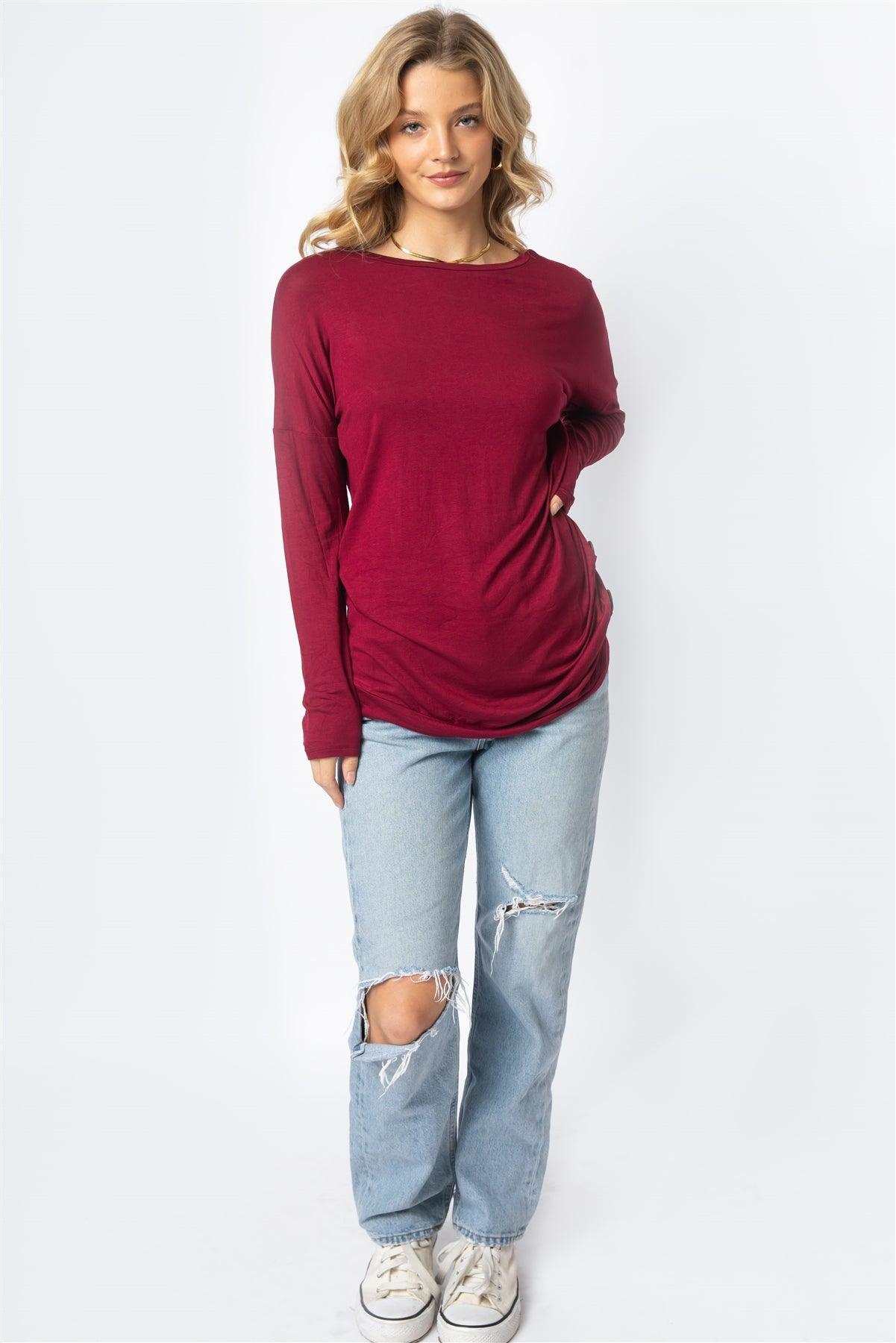 Burgundy Side Bottom Button Detail Long Sleeve Top /1-2-2-1