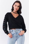 Black Star Embellished Long Sleeve Wrap V-Neck Crop Sweatshirt /3-2-1