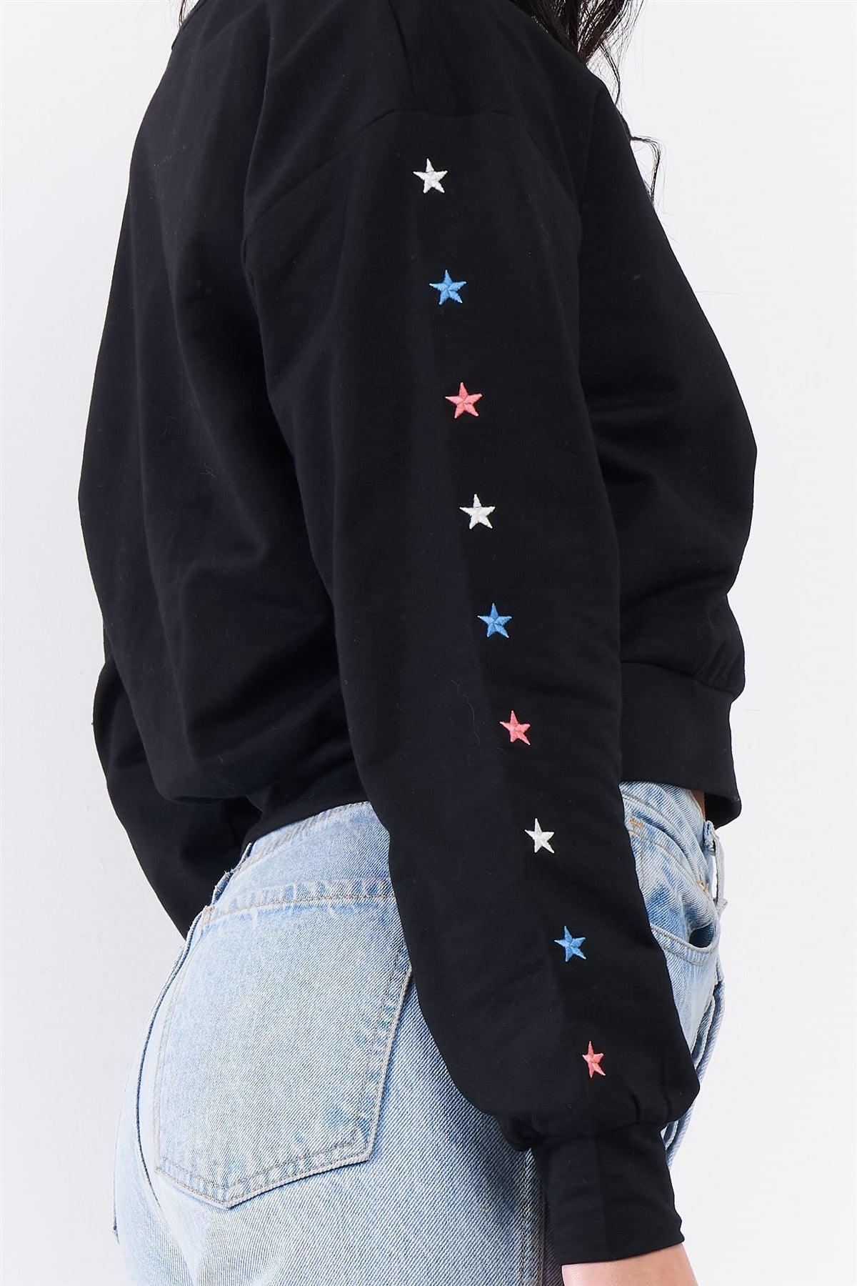 Black Star Embellished Long Sleeve Wrap V-Neck Crop Sweatshirt /3-2-1