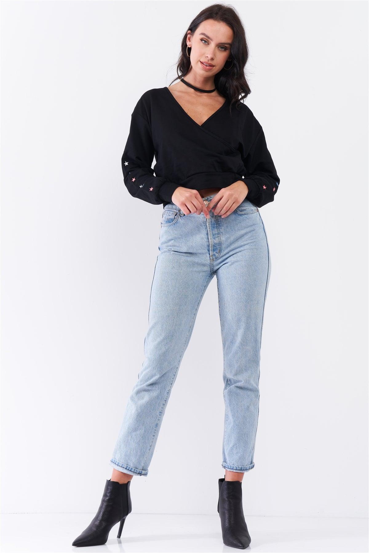 Black Star Embellished Long Sleeve Wrap V-Neck Crop Sweatshirt /3-2-1