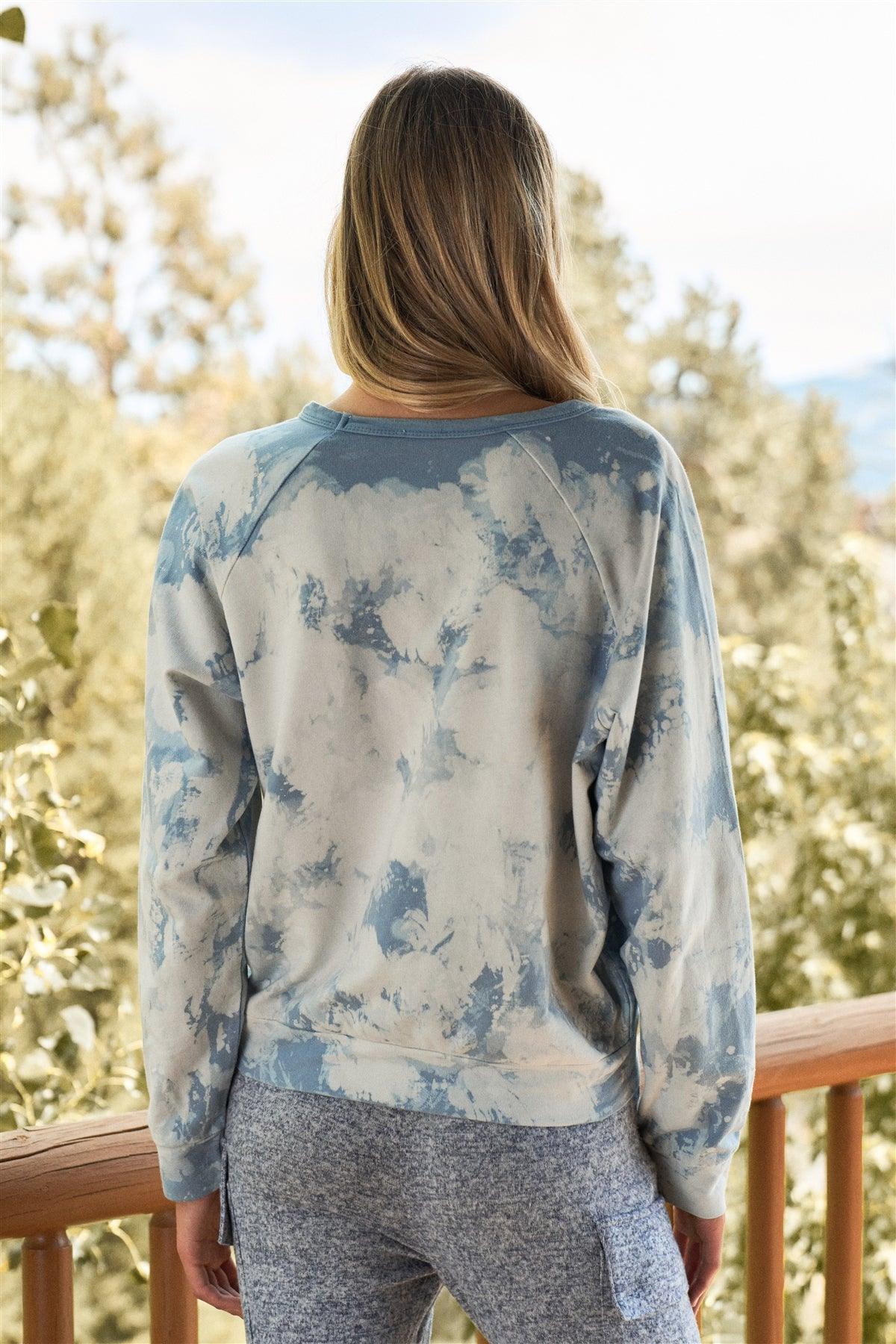 White Blue Tie-Dye Print Crew Neck Long Sleeve Sweatshirt /3-2-1