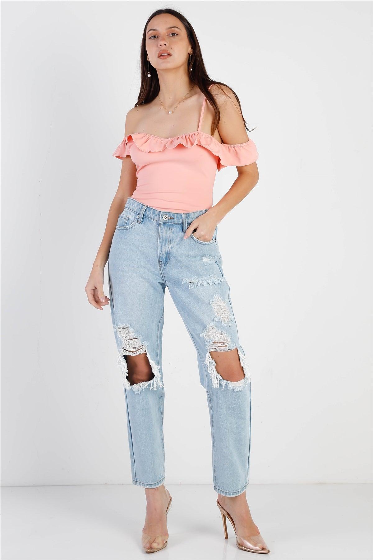 Pink Off-The Shoulder Ruffle Trim Asymmetric Bodysuit /3-2-1