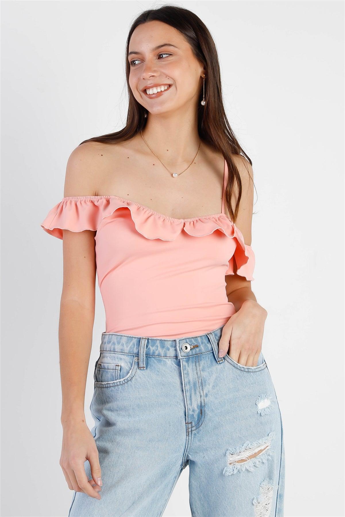 Pink Off-The Shoulder Ruffle Trim Asymmetric Bodysuit /3-2-1