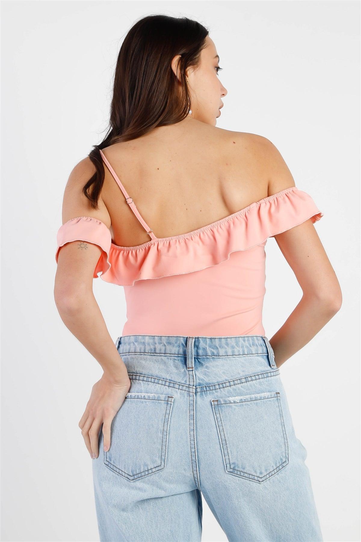 Pink Off-The Shoulder Ruffle Trim Asymmetric Bodysuit /3-2-1