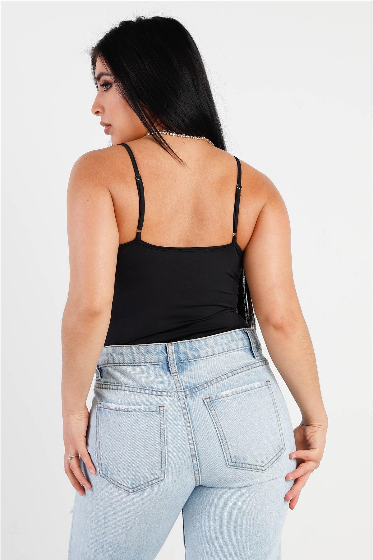 Black Front Mesh Detail Sleeveless Bodysuit /3-2-1