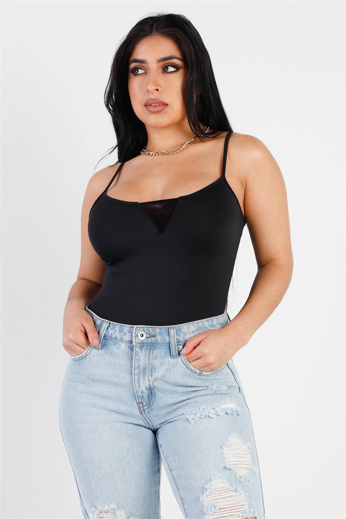 Black Front Mesh Detail Sleeveless Bodysuit /3-2-1