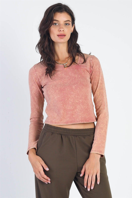 Mauve Acid Wash Long Sleeve Crop Top /2-2-1