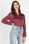 Dusty Berry Satin Effect Textured Shirt Bodysuit /3-2-1