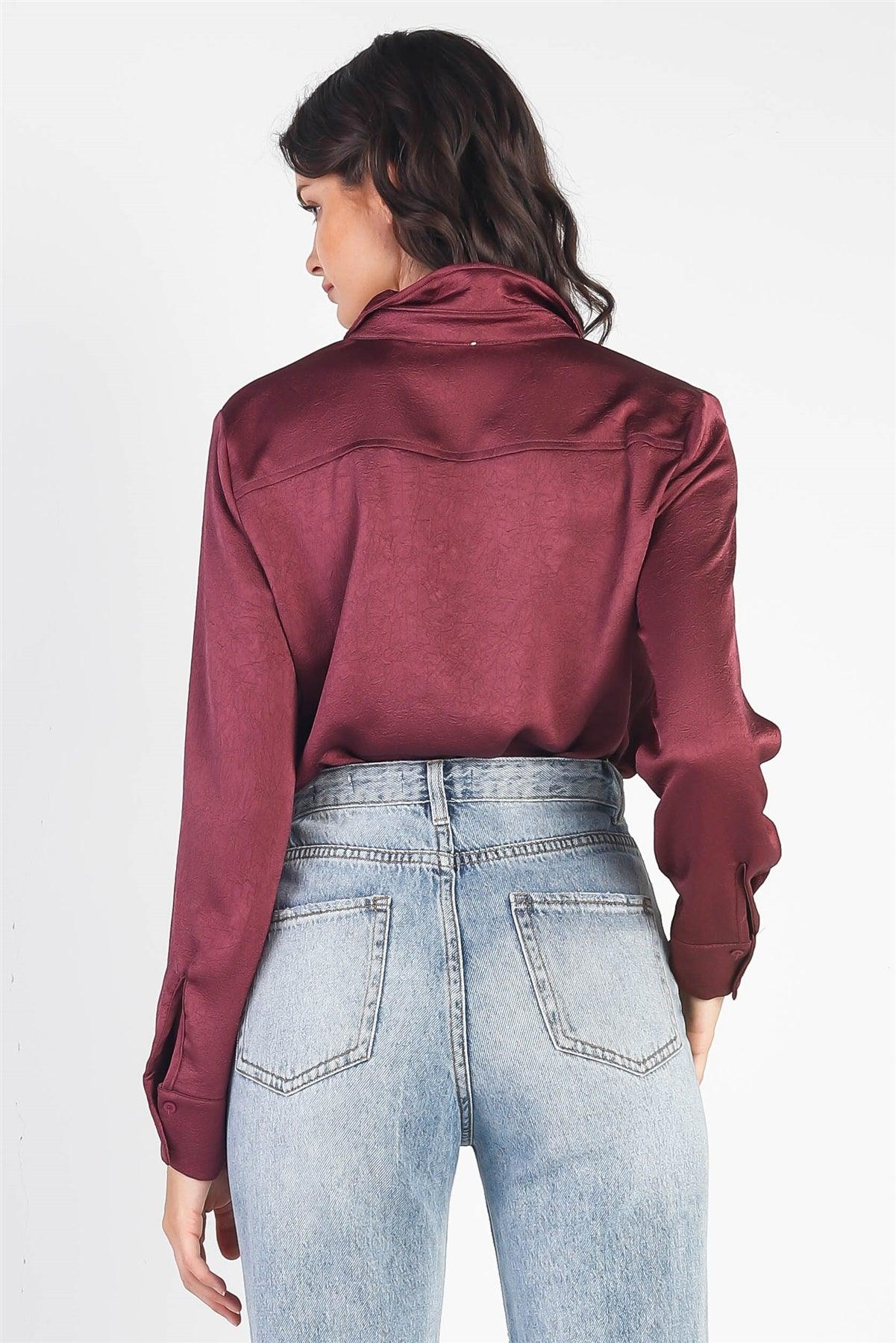 Dusty Berry Satin Effect Textured Shirt Bodysuit /3-2-1