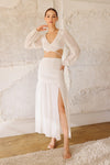 White Cotton Smocked V-Neck Long Sleeve Crop Top & High Waist Midi Skirt Set /3-2-1