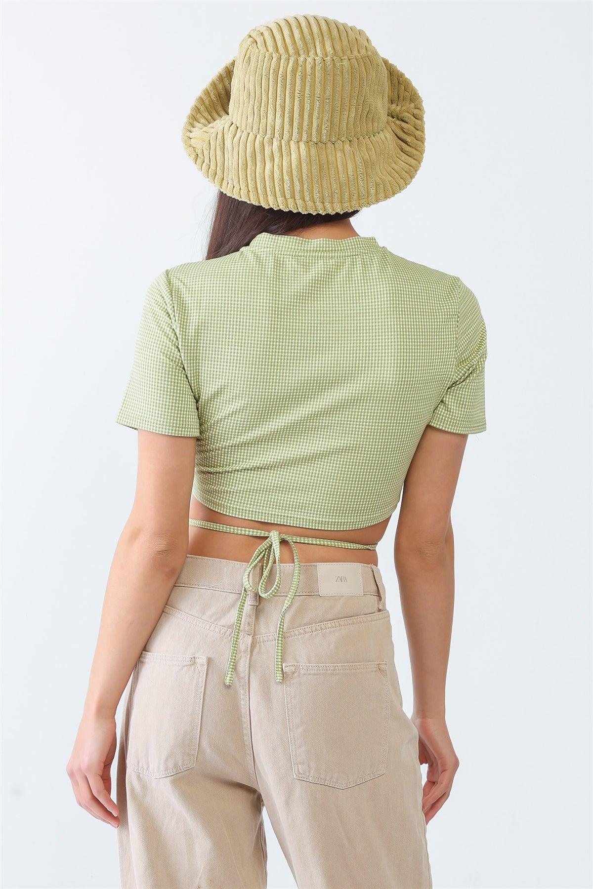 Green & White Plaid Cut-Out Drawstring Hem Crop Top /3-2-1