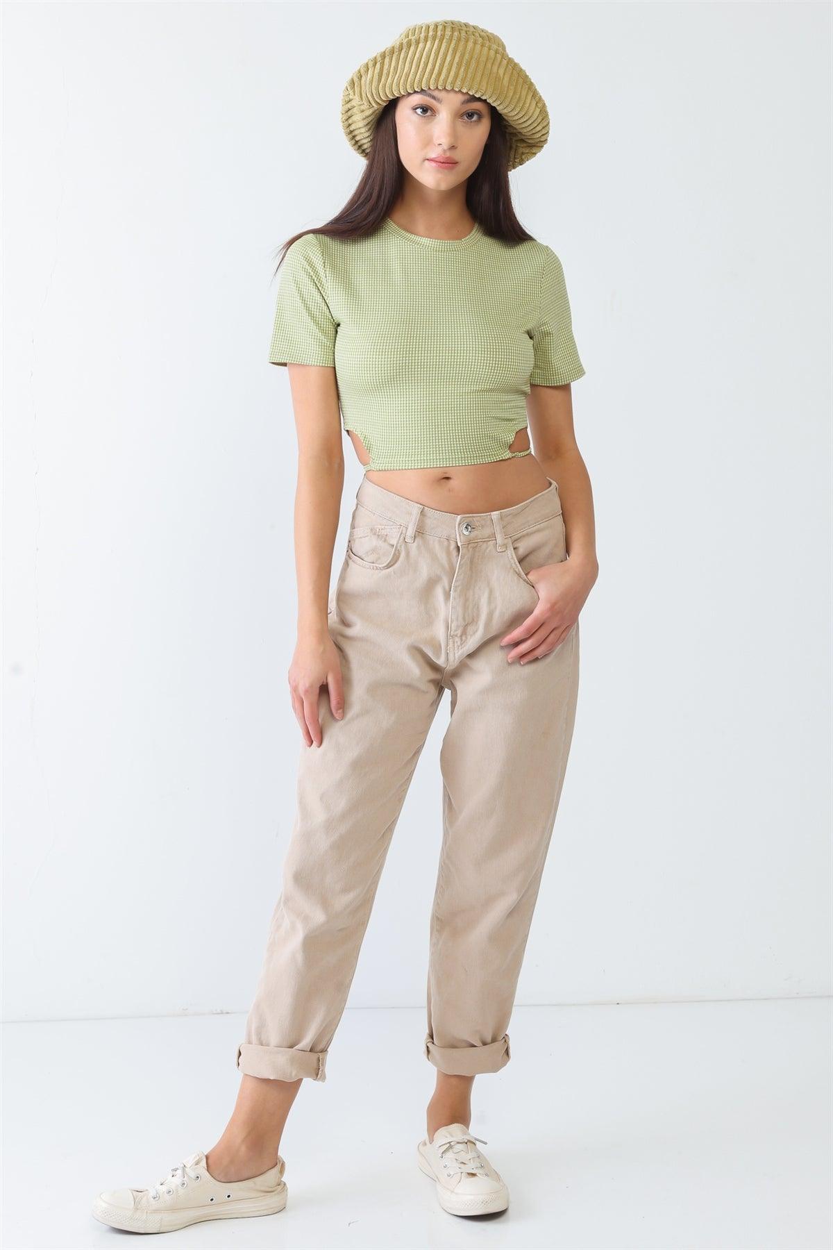 Green & White Plaid Cut-Out Drawstring Hem Crop Top /3-2-1