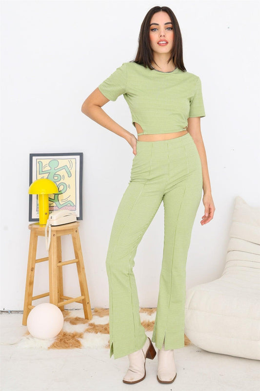 Green & White Plaid Cut-Out Drawstring Hem Crop Top & High Waist Pants Set /3-2-1