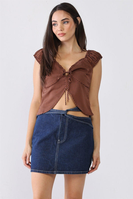 Brown & Tan Geometrical Print Self-Tie Neck Cut-Out Detail Sleeveless Top /1-2-2-1