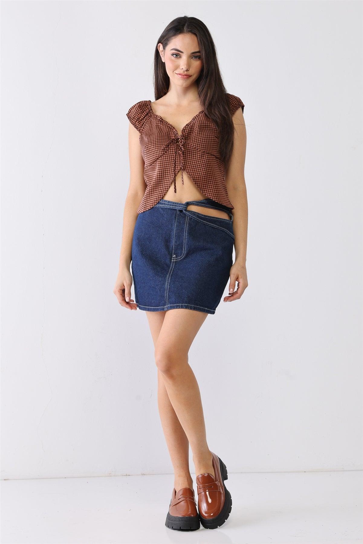 Brown & Tan Geometrical Print Self-Tie Neck Cut-Out Detail Sleeveless Top /1-3-2