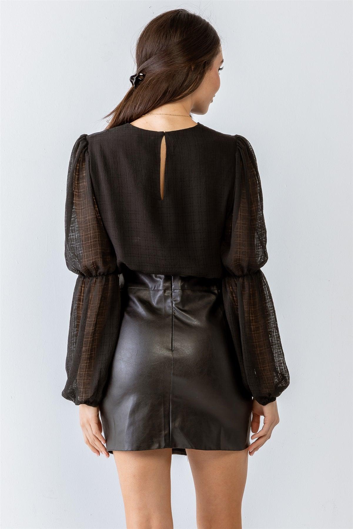 Black Wrinkled Puff Balloon Sheer Long Sleeve Crop Top /1-2-2-1