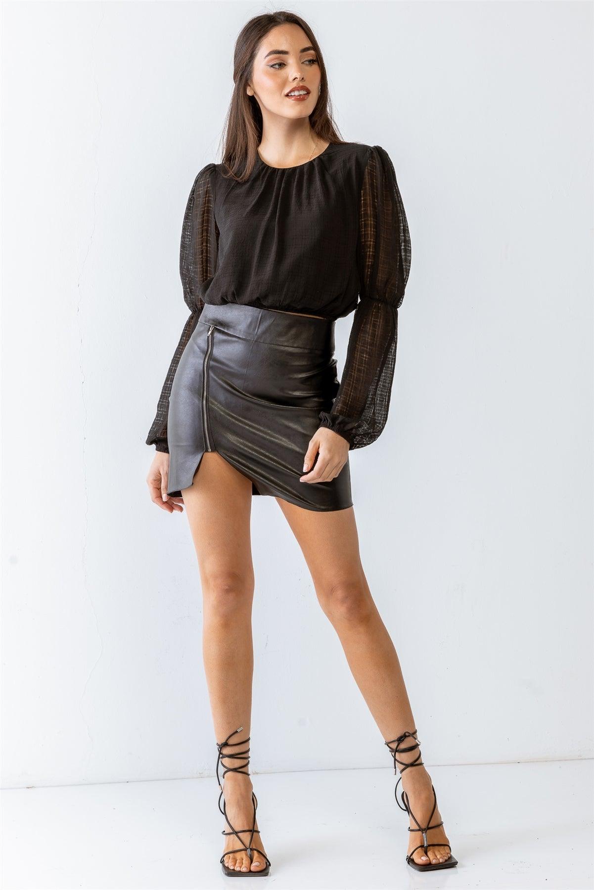 Black Wrinkled Puff Balloon Sheer Long Sleeve Crop Top /1-2-2-1