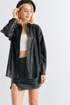 Black Faux Leather Textured Button-Up Collared Neck T-Shirt /1-2-2-1