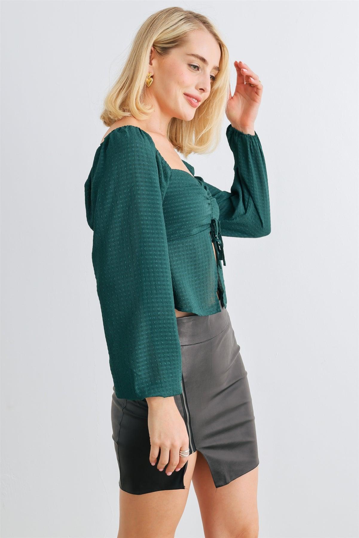 Hunter Green Sweetheart Neck Ruched Flare Hem Long Sleeve Crop Top /1-2-2-1