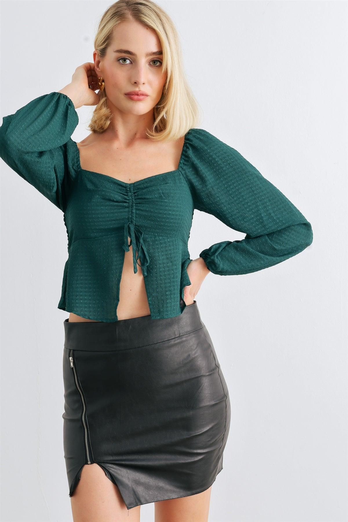 Hunter Green Sweetheart Neck Ruched Flare Hem Long Sleeve Crop Top /1-2-2-1