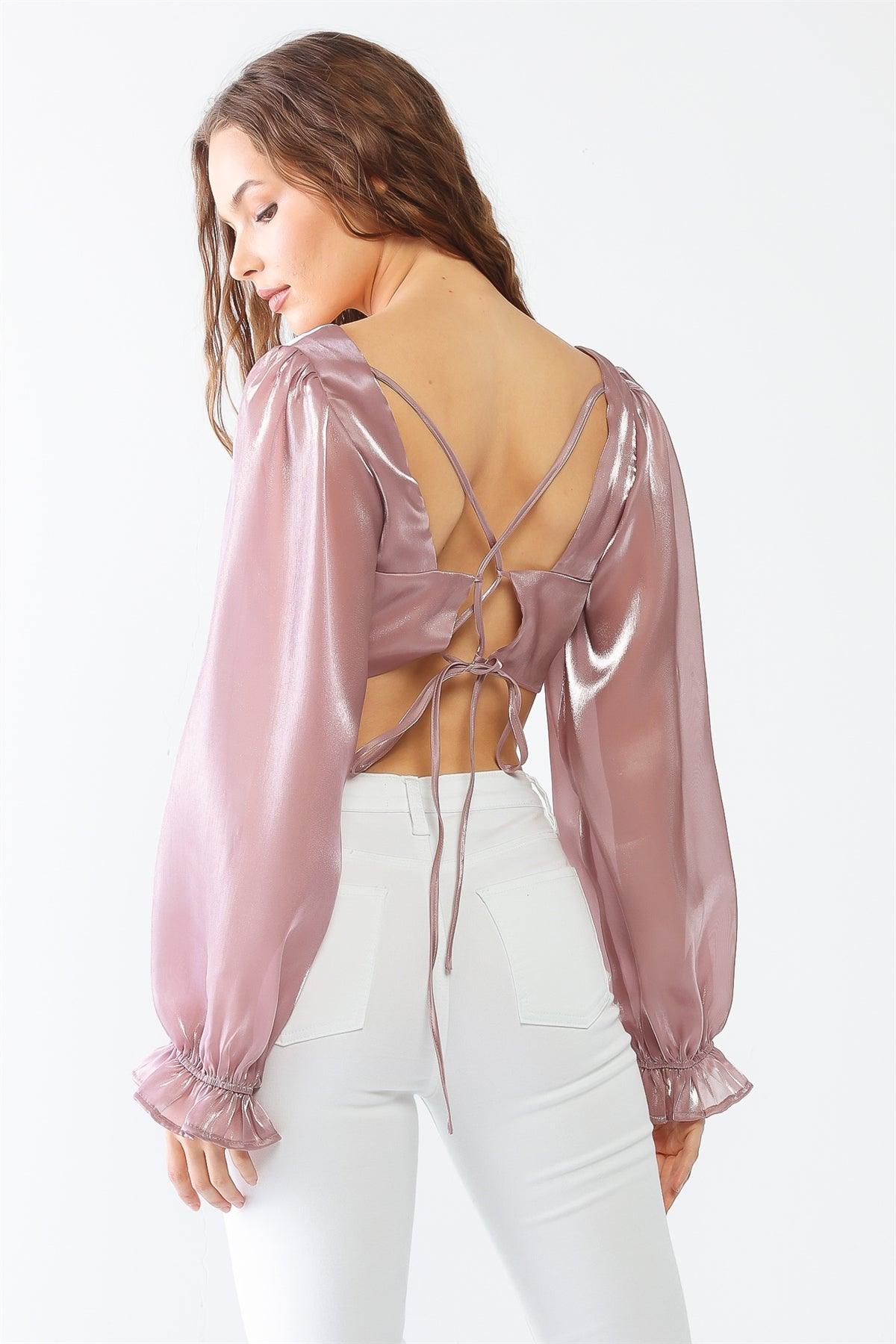 Mauve Shiny Organza Heart Shape Neck Puff Balloon Long Sleeve Back  Criss-Cross Crop Top /1-2-2-1