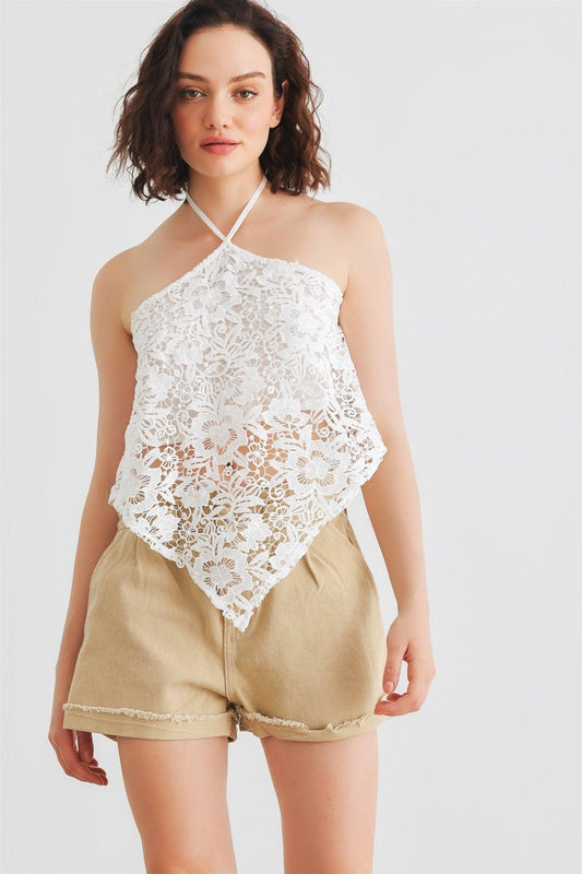 White Lace Sleeveless Halter Neck Hanky Hem Crop Top /1-2-2-1