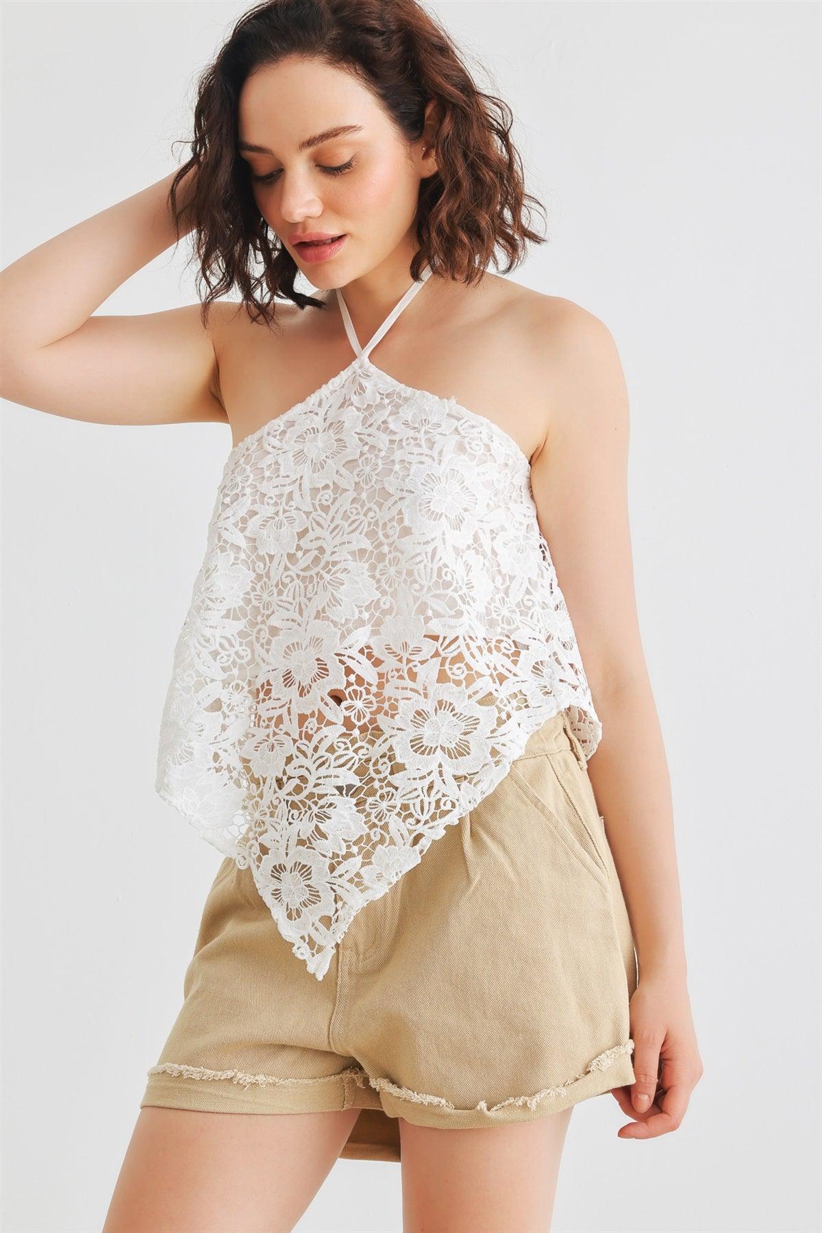 White Lace Sleeveless Halter Neck Hanky Hem Crop Top /1-2-2-1