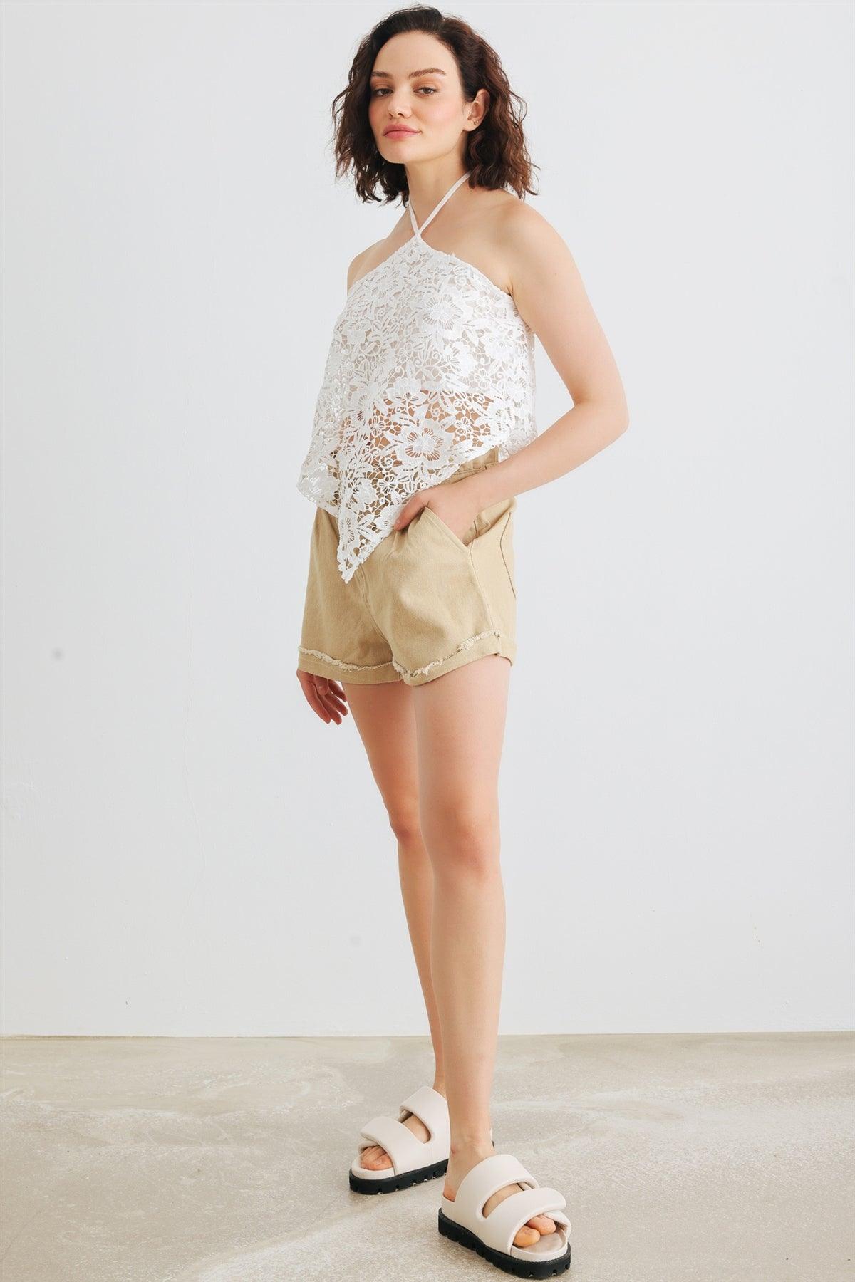 White Lace Sleeveless Halter Neck Hanky Hem Crop Top /1-2-2-1