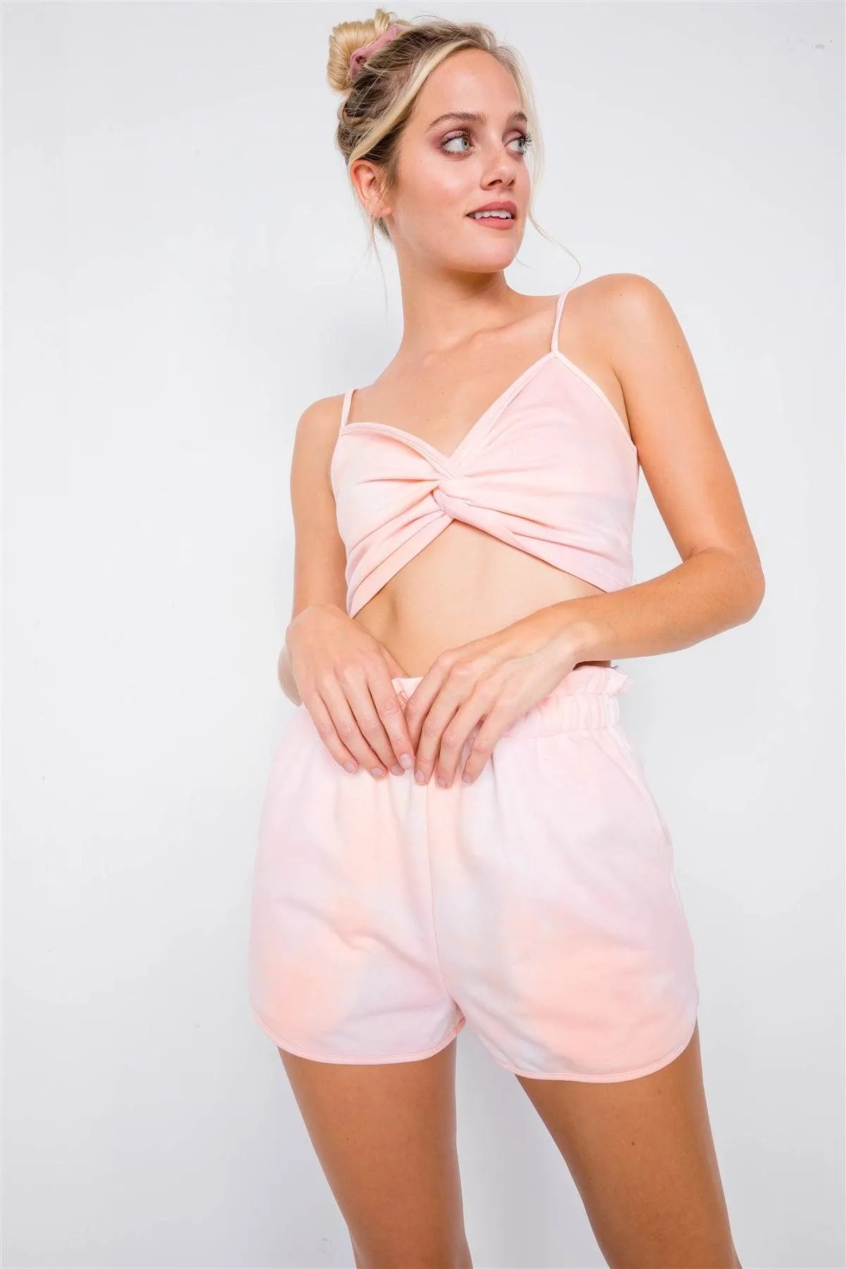 Pink Tie Dye Front Twist Crop Top & High Waist Chic Flounce Short Set /4-2 - Tasha Apparel Wholesale