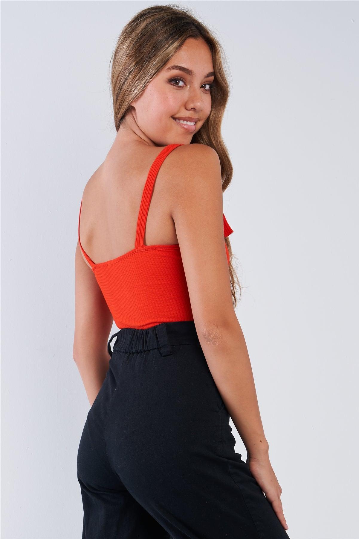 Bright Red Ribbed D-ring Square Neck Bodysuit /3-2-1