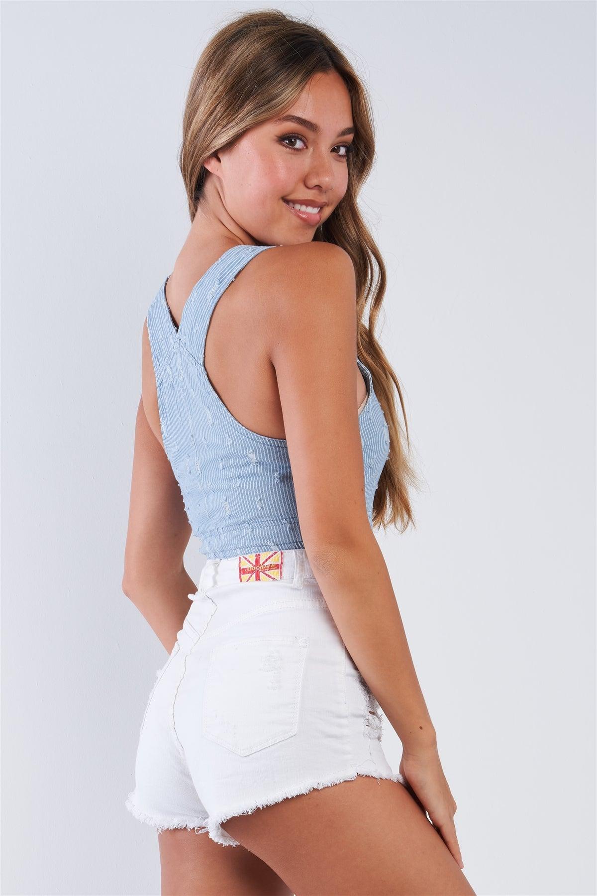 Light Denim White Striped Overall Cropped Top /3-2-1