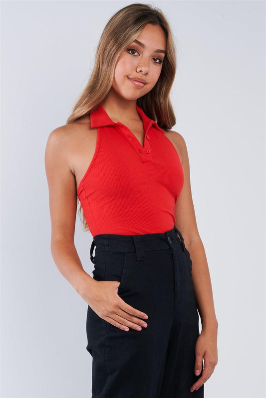 Red Collared Ribbed Button Up Sleeveless Halter Bodysuit /3-2-1