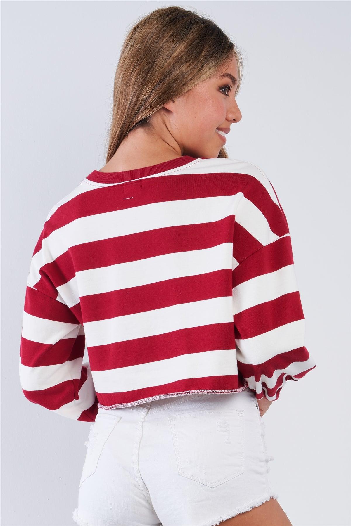 White & Red Striped Cropped Crew Neck Sweater /3-2-1