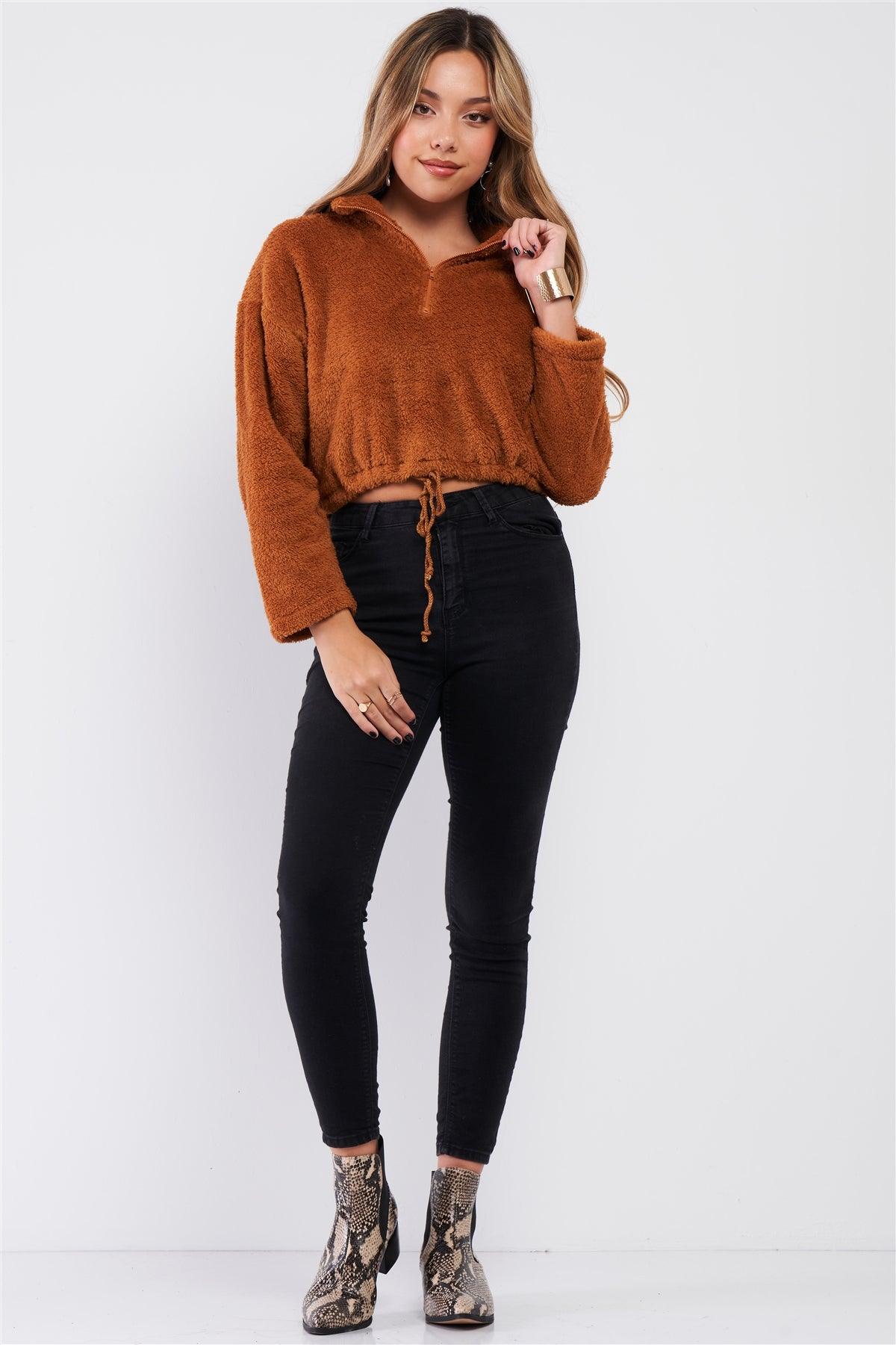 Caramel Soft Plush Collared Zip-Up Neckline Relaxed Fit Crop Sweater /1-2-2